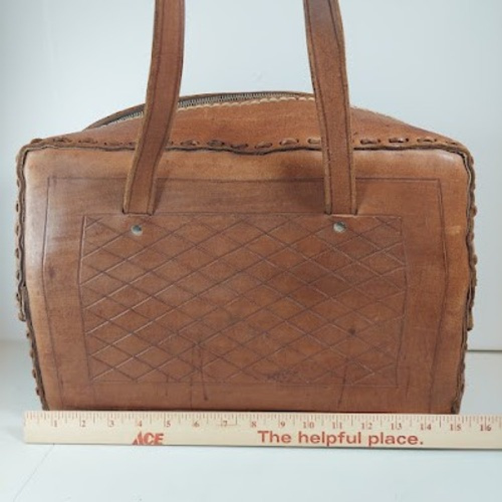 Vintage Handmade Whipstitch Leather Satchel Bag Embossed Diamondβ Tan Brown 15in
